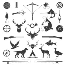 Hunting And Fishing Vintage Vector Silhouettes Set. Deer Heads Elementswith Black Dogs And Birds. Fish Swallowing Hook Hunting Rifles And Crossbows. Retro Signal Pipes With Modernized Fishing Rods.