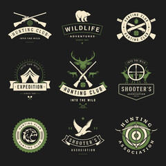 Wall Mural - Vintage travel and hunting clubs vector logos. Polar bear with duck in search adventure and crossbow with aiming sigh. Elegant shooter wall decoration in victorian wildlife style.