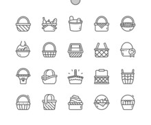 Wicker Basket. Decorative Basketry Picnic Containers. Home Decoration. Pixel Perfect Vector Thin Line Icons. Simple Minimal Pictogram
