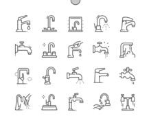Faucet. Water Drop. Bathroom. Kitchen Faucet. Pixel Perfect Vector Thin Line Icons. Simple Minimal Pictogram
