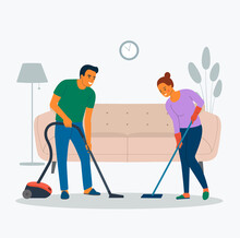 Man Vacuuming The Floor And Young Woman With Mop In The Living Room. Vector Flat Style Illustration