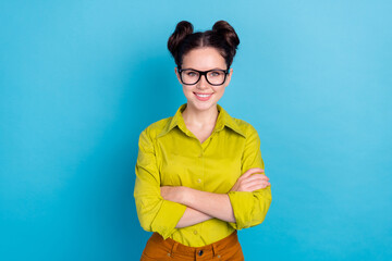 Wall Mural - Photo of lady marketer crossing arms ready sign partnership contract isolated blue color background