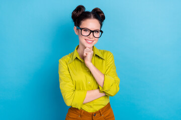 Poster - Photo of positive optimistic lady touching chin think mind partners suggestion isolated blue color background