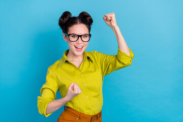 Poster - Photo of delighted startup owner lady win important partnership contract fist up isolated blue color background