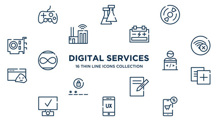 concept of 16 digital services outline icons such as controler, cds, accumulator, connection error, programmer, duplicate, text editor, ux, mobile shop vector illustration.