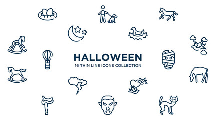 Wall Mural - concept of 16 halloween outline icons such as nest with eggs, horse running, bird in nest, null, mummy, horse grazing, birds couple, vampire, black cat vector illustration.