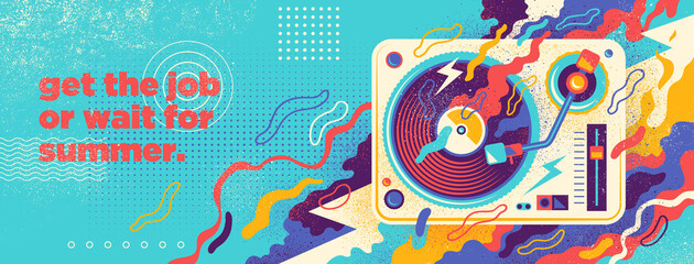 Wall Mural - Abstract grungy style background design with gramophone and colorful splashing shapes. Vector illustration.