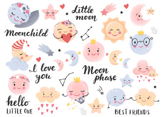 Moon clipart with cute star, clouds, sun, crescent and calligraphy quotes. hand drawn vector illustration.