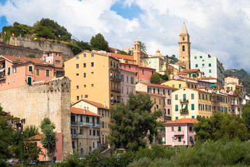 Poster - Ventimiglia village in Italy, Liguria Region, with a blue sky