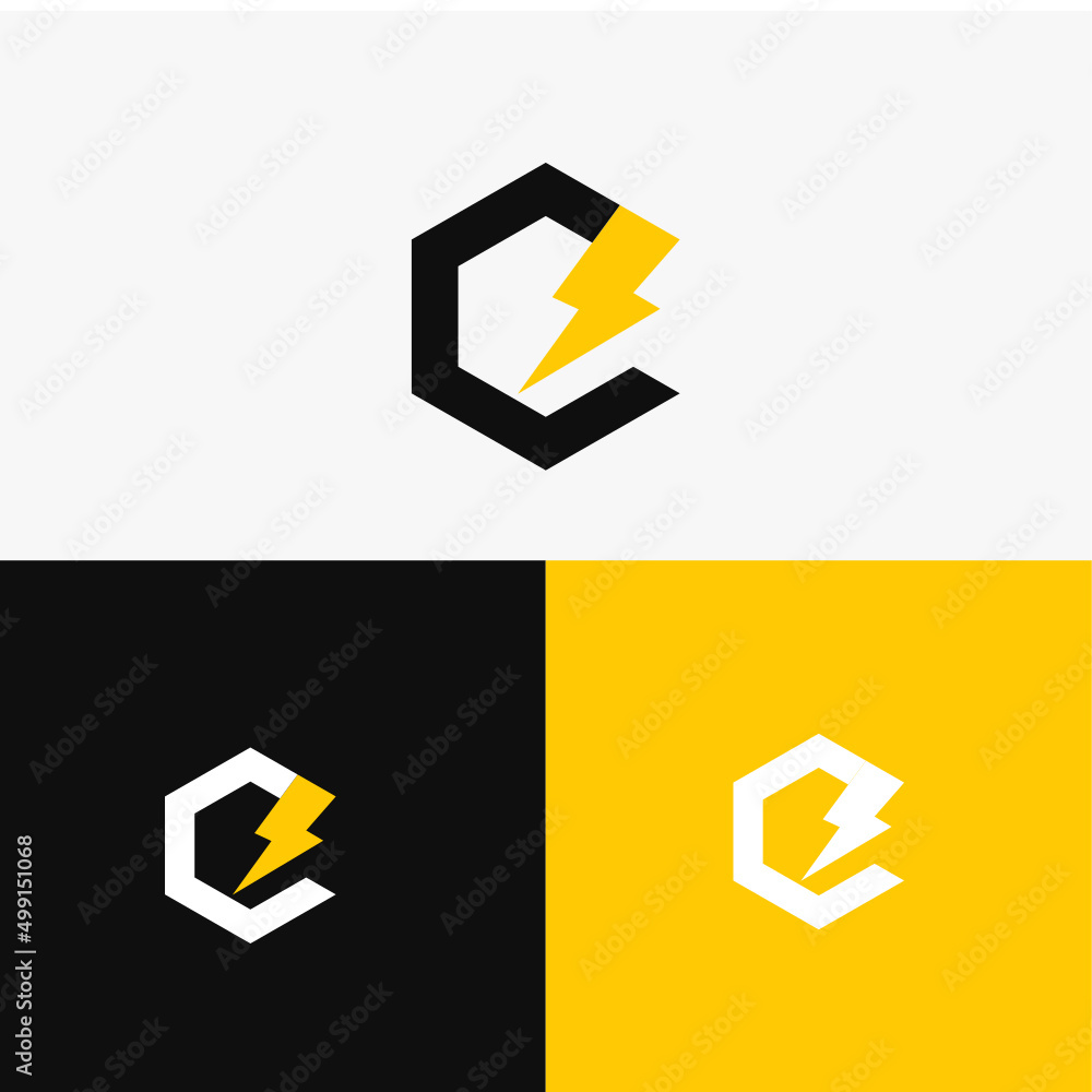 Hexagon E Letter Logo Design With Lighting Thunder Bolt. Electric Bolt ...
