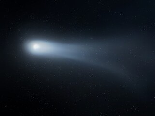  Comet approached the Earth. Nucleus and tail of a comet in the night sky with stars. Astronomical photography.