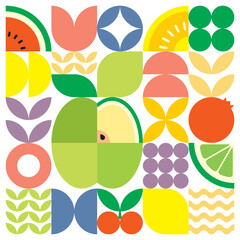 Wall Mural - Geometric summer fresh fruit cut artwork poster with colorful simple shapes. Scandinavian style flat abstract vector pattern design. Minimalist illustration of a green apple on a white background.