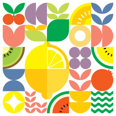 geometric summer fresh fruit cut artwork poster with colorful simple shapes. scandinavian style flat