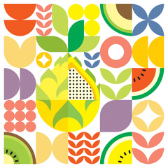 Wall Mural - Geometric summer fresh fruit artwork poster with colorful simple shapes. Scandinavian style flat abstract vector pattern design. Minimalist illustration of a yellow dragon fruit on a white background.