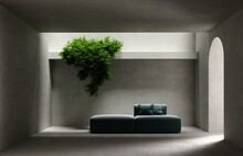 3d Rendering Of A Concrete Room With An Entrance Archway And A Large Sofa With Plants On The Wall, Presentation Space Or Gallery