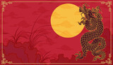Fototapeta Sypialnia - oriental dragon chinese japan korean traditional style solid red cloud orchid moon pattern