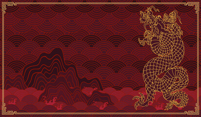 oriental dragon chinese japan korean traditional style solid red water mountin