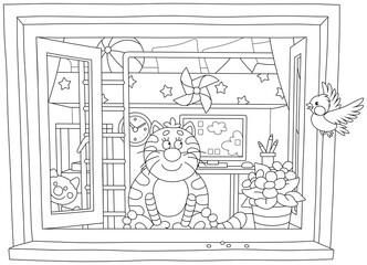 Wall Mural - Funny plump cat friendly smiling, sitting on a windowsill of an open window and looking at a flying small bird, black and white vector cartoon illustration for a coloring book page