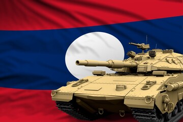 Lao People Democratic Republic modern tank with not real design on the flag background - tank army forces concept, military 3D Illustration