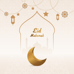 Poster - Eid Mubarak Islamic greeting card with ornaments and floral pattern background