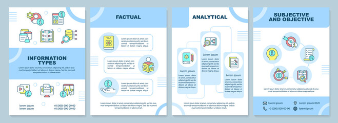Information types blue brochure template. Factual and analytical kinds. Leaflet design with linear icons. 4 vector layouts for presentation, annual reports. Arial-Black, Myriad Pro-Regular fonts used
