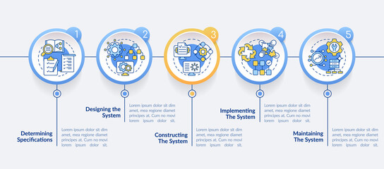 Information system development life cycle circle infographic template. Data visualization with 5 steps. Process timeline info chart. Workflow layout with line icons. Lato-Bold, Regular fonts used