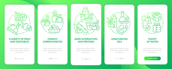 Tips for vegan lifestyle green gradient onboarding mobile app screen. Walkthrough 5 steps graphic instructions pages with linear concepts. UI, UX, GUI template. Myriad Pro-Bold, Regular fonts used