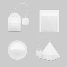 Collection Realistic Tea Bags Different Shape Vector Round, Rectangle, Squared, Pyramid Shaped