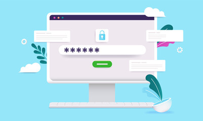 Wall Mural - password protection computer - desktop with locked login screen and hidden password. cartoon style s