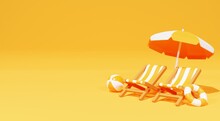 Two Beach Chairs With Parasol On Orange Summer Background. 3D Rendering
