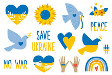 Save Ukraine Design Element Set. Peace Concept With Pigeon, Heart, Sunflower, Hands. No War.