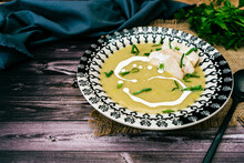 Exquisite Vintage Dish With A Homemade Cream Of Poultry Soup In A Rustic Or Country Setting. Natural And Sensible Food Concept. High View. Copyspace.
