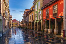 Street And Buildings In The Center Of The City Of Aviles In Asturias.