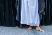 Barefoot Man Parading In Holy Week Procession In The City Of Aviles In Asturias.