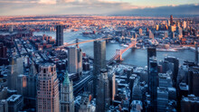 Sunset Over Brooklyn, Manhattan And Williamsburg Bridges. New York City From One World Observatory, Manhattan NYC