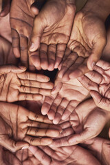 Poster - Seeking your help. Shot of a group of hands held cupped out together.