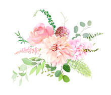Pink Garden Roses, Ranunculus, Peony, Allium, Dahlia Flowers Vector Design Bouquet.