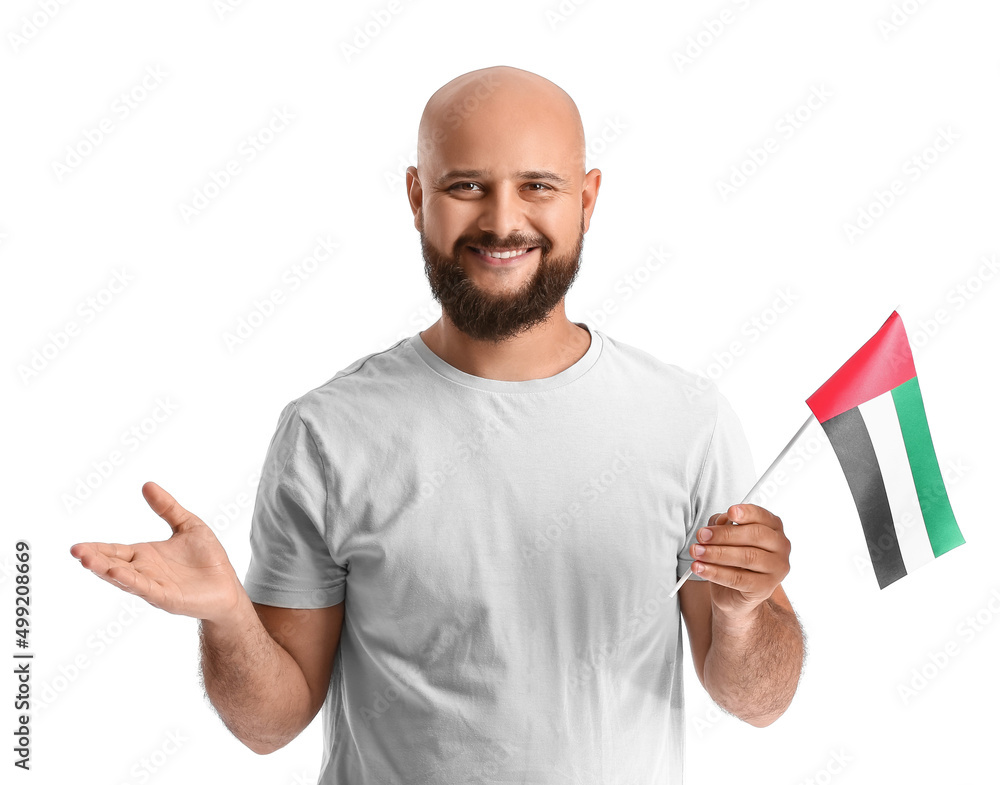 Man with the national flag of UAE on white background