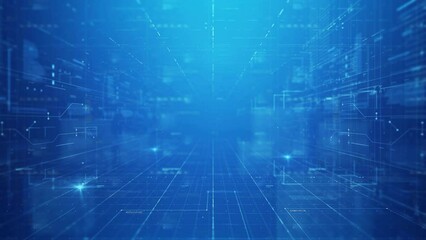 Wall Mural - The blue technology grid line keeps moving forward, the news column broadcasts the background video, and the corporate opening video.