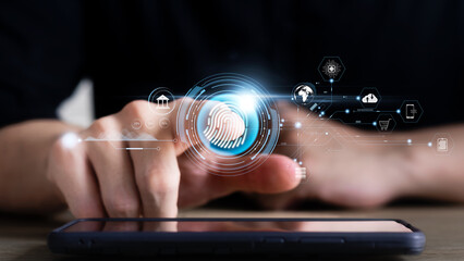 Wall Mural - security of future technology and cybernetics on the internet, finger scanning allows access to secu