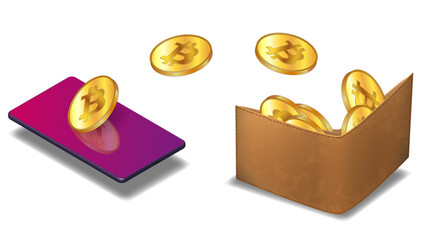 Wall Mural - BTC golden coins fly from cellphone into leather wallet isolated on white background. Isometric concept of transferring bitcoin btc cryptocurrency to wallet using mobile phone.