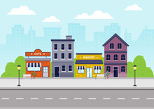 City Landscape With Buildings, Shops,  Street, And Footpath. Cityscape Flat Design. Vector Illustration.