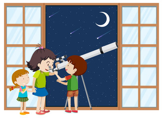 Wall Mural - Kids observe night sky with telescope