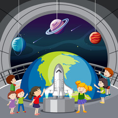 Wall Mural - astronomy theme with many children in museum