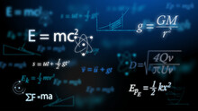 Complex Mathematical Or Physics Equations On A Black Or Dark Blue Background Such As Albert Einstein's General Relativity And Sir Isaac Newton's Laws Of Motion. Physics Education.