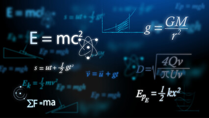 complex mathematical or physics equations on a black or dark blue background such as albert einstein