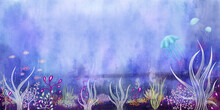 Ocean- Underwater Sealife Illustration In Beautiful Colors - Handdrawn Underwater Plants, Fishes, Jellyfishes And Seahorses - Backgreound With Copyspace, Panoramasize For Banner Or Header