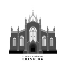 Illustration St. Giles Cathedral Of The Royal Mile In Edinburg, Scotland. Scottish Presbyterian Church. Isolated Black And White Flat Vector Illustration City Architecture Of Great Britain.