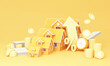 © Jokiewalker - big arrow symbol Higher Interest Rates for Home Real Estate Ideas Savings on real estate of financial stability and growth and space for entering text on a yellow background, realistic 3D rendering.