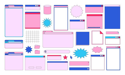 Lined Retro User Interface , Icon Website and Computer 90s, Set Desktop Program, windows boxes.